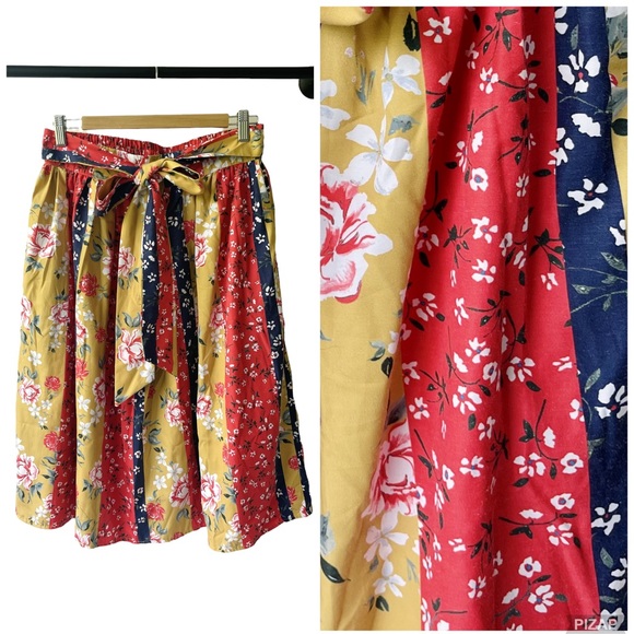 Cottagecore Mixed Print Boho Midi Skirt